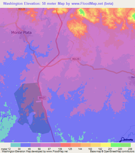 Washington,Dominican Republic Elevation Map