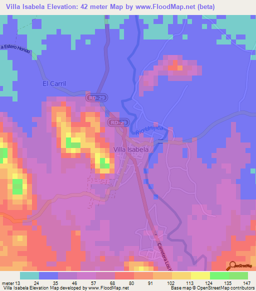 Villa Isabela,Dominican Republic Elevation Map