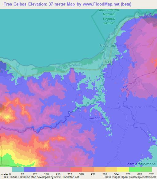 Tres Ceibas,Dominican Republic Elevation Map