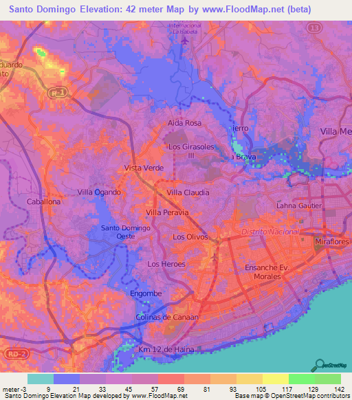 Santo Domingo,Dominican Republic Elevation Map