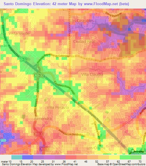 Santo Domingo,Dominican Republic Elevation Map