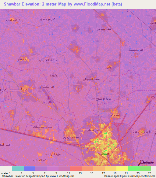 Shawbar,Egypt Elevation Map