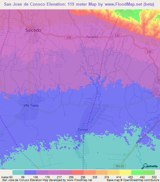 San Jose de Conuco,Dominican Republic Elevation Map