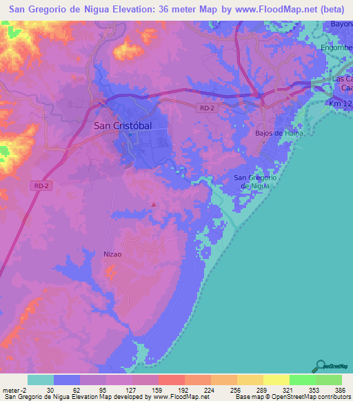 San Gregorio de Nigua,Dominican Republic Elevation Map