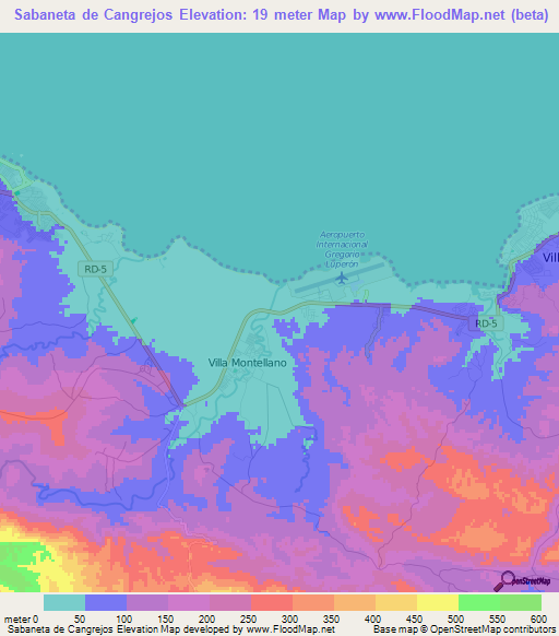 Sabaneta de Cangrejos,Dominican Republic Elevation Map