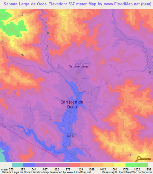 Sabana Larga de Ocoa,Dominican Republic Elevation Map