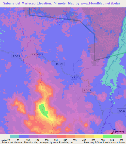 Sabana del Mariscao,Dominican Republic Elevation Map