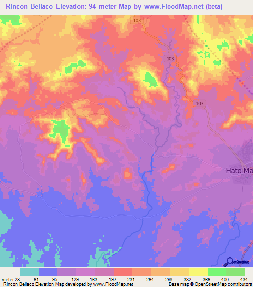 Rincon Bellaco,Dominican Republic Elevation Map