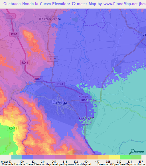 Quebrada Honda la Cueva,Dominican Republic Elevation Map