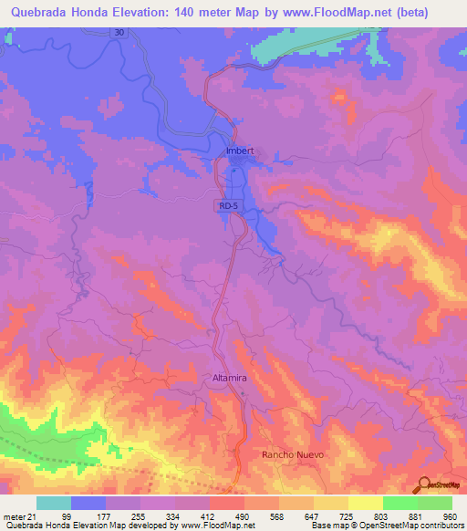 Quebrada Honda,Dominican Republic Elevation Map