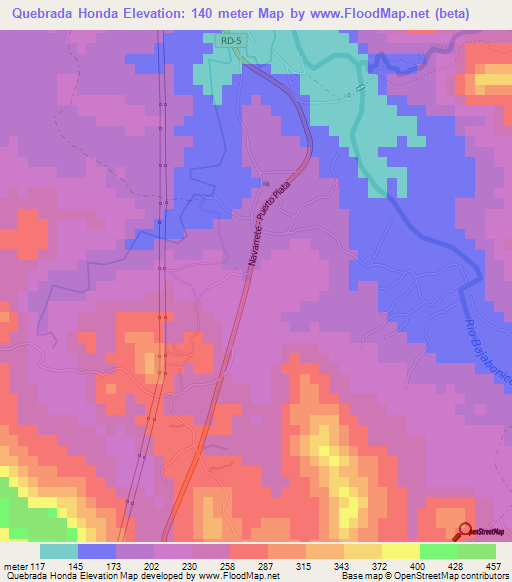 Quebrada Honda,Dominican Republic Elevation Map