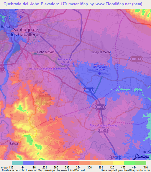 Quebrada del Jobo,Dominican Republic Elevation Map