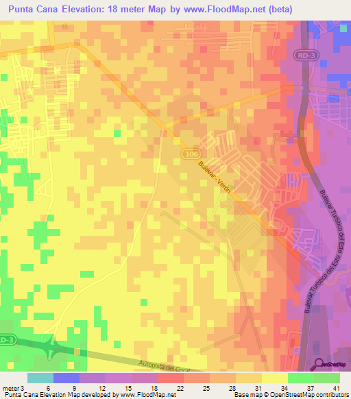 Punta Cana,Dominican Republic Elevation Map