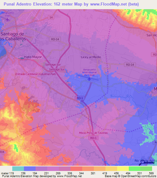 Punal Adentro,Dominican Republic Elevation Map