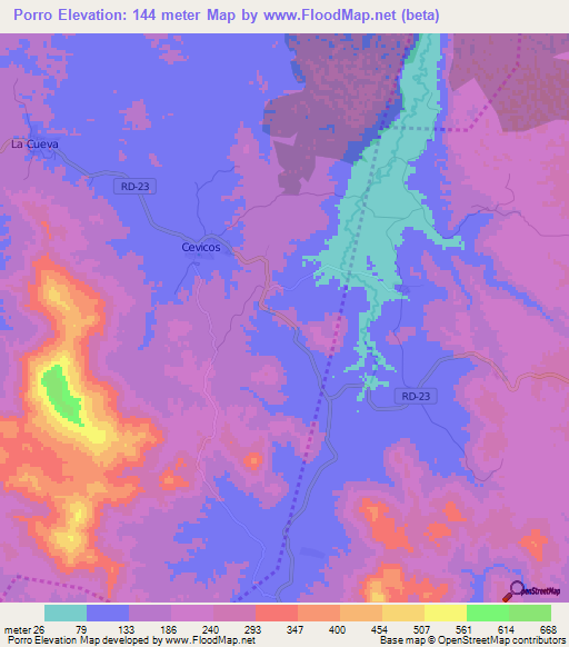 Porro,Dominican Republic Elevation Map