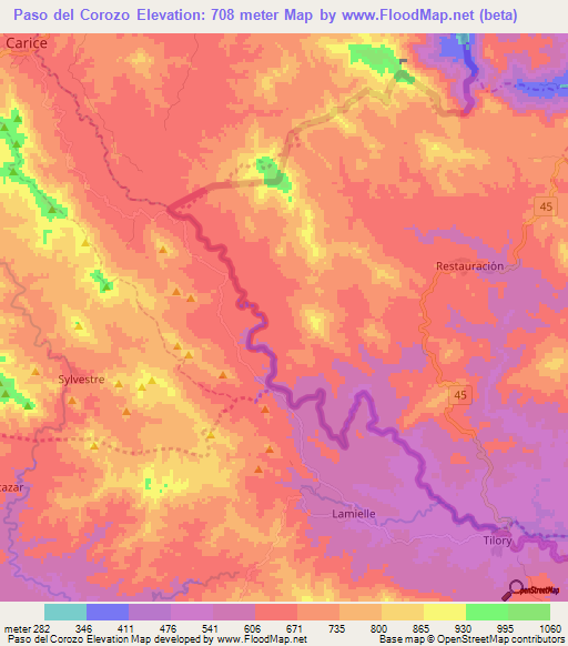 Paso del Corozo,Dominican Republic Elevation Map