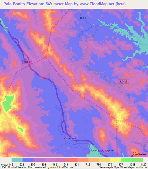 Palo Bonito,Dominican Republic Elevation Map