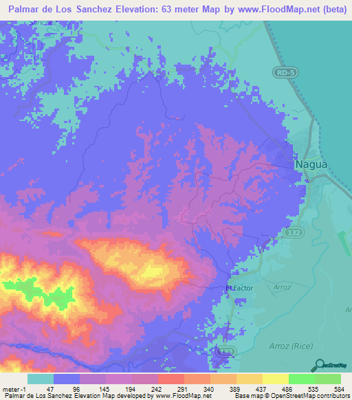 Palmar de Los Sanchez,Dominican Republic Elevation Map