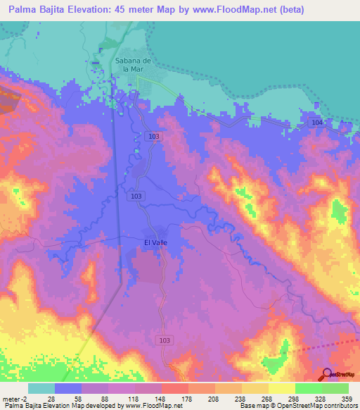 Palma Bajita,Dominican Republic Elevation Map