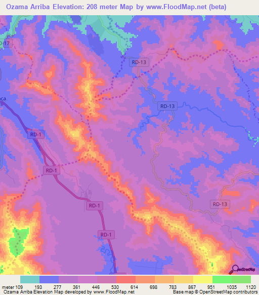 Ozama Arriba,Dominican Republic Elevation Map