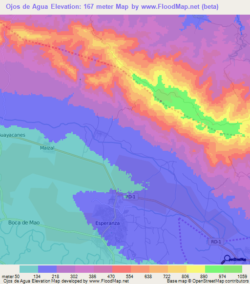 Ojos de Agua,Dominican Republic Elevation Map