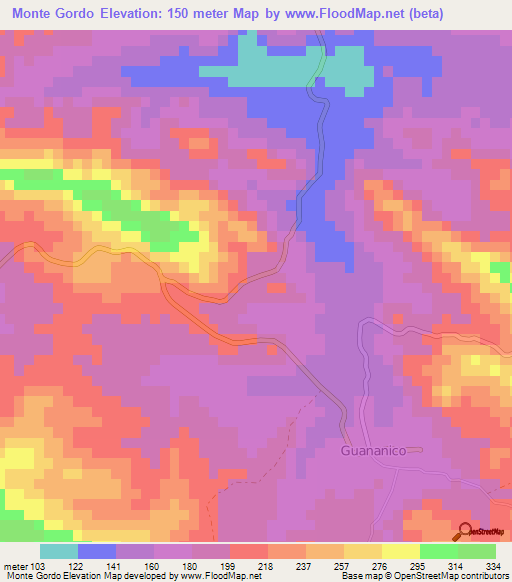 Monte Gordo,Dominican Republic Elevation Map