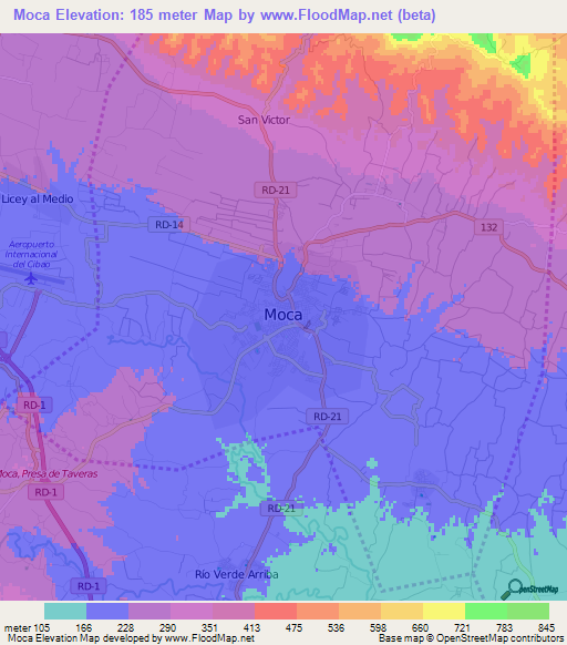 Moca,Dominican Republic Elevation Map