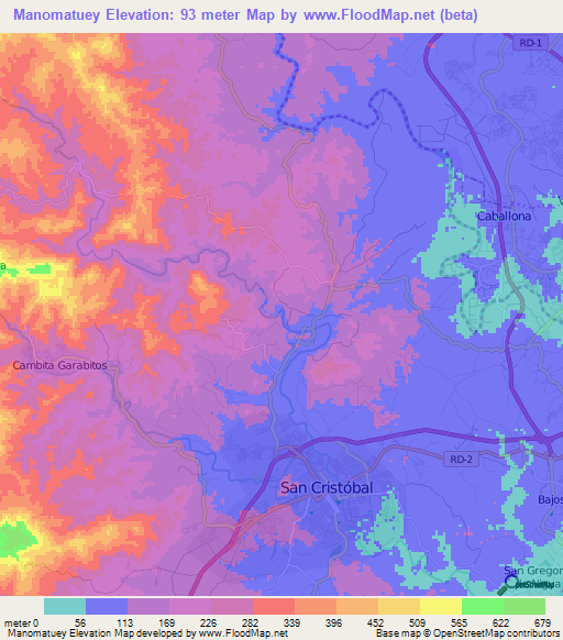 Manomatuey,Dominican Republic Elevation Map