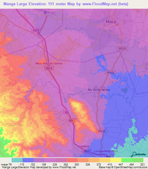 Manga Larga,Dominican Republic Elevation Map
