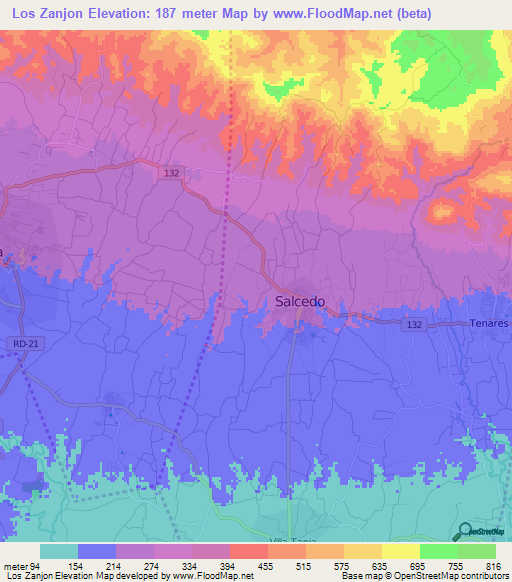 Los Zanjon,Dominican Republic Elevation Map