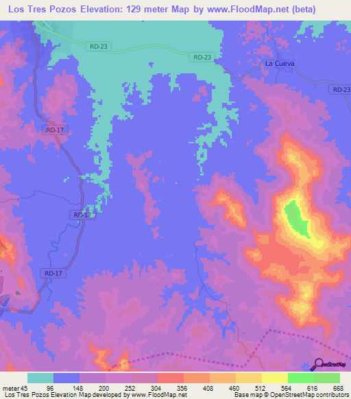 Los Tres Pozos,Dominican Republic Elevation Map