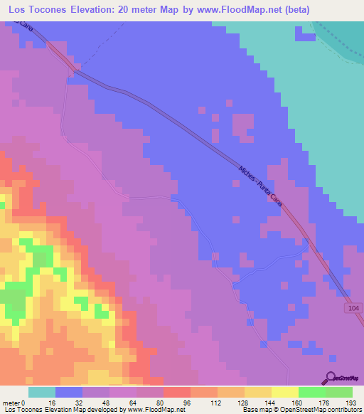 Los Tocones,Dominican Republic Elevation Map