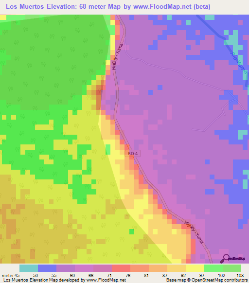 Los Muertos,Dominican Republic Elevation Map