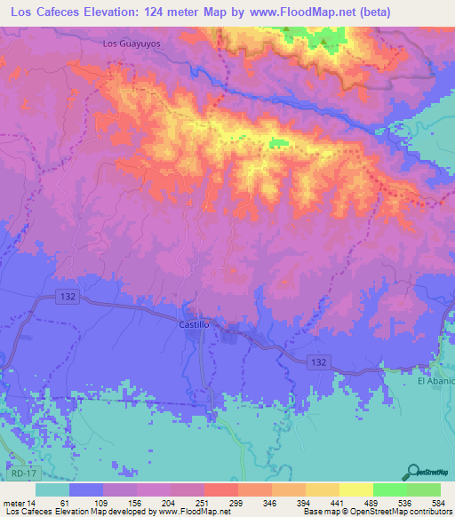 Los Cafeces,Dominican Republic Elevation Map