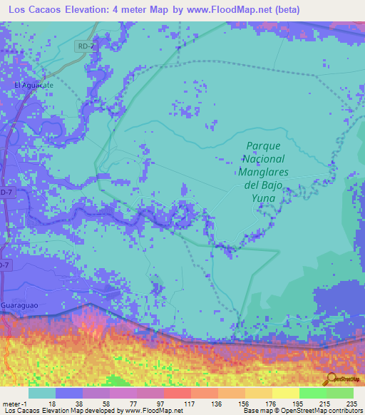 Los Cacaos,Dominican Republic Elevation Map