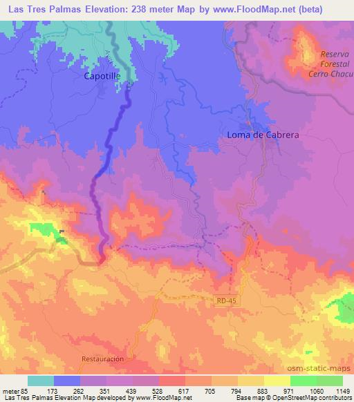 Las Tres Palmas,Dominican Republic Elevation Map