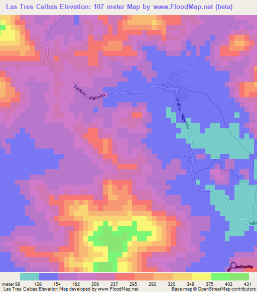 Las Tres Ceibas,Dominican Republic Elevation Map