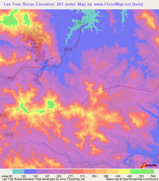 Las Tres Bocas,Dominican Republic Elevation Map