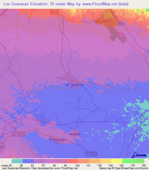 Las Guaranas,Dominican Republic Elevation Map