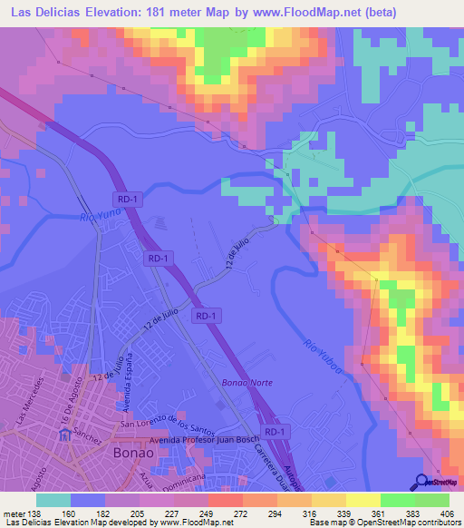 Las Delicias,Dominican Republic Elevation Map