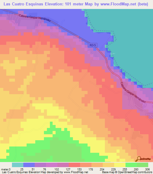 Las Cuatro Esquinas,Dominican Republic Elevation Map