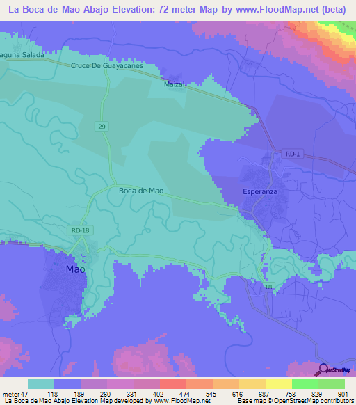 La Boca de Mao Abajo,Dominican Republic Elevation Map