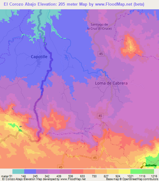 El Corozo Abajo,Dominican Republic Elevation Map