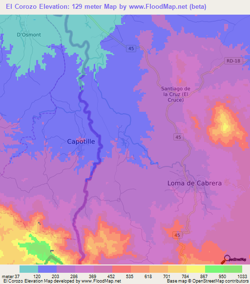 El Corozo,Dominican Republic Elevation Map