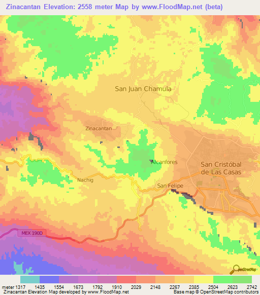 Zinacantan,Mexico Elevation Map