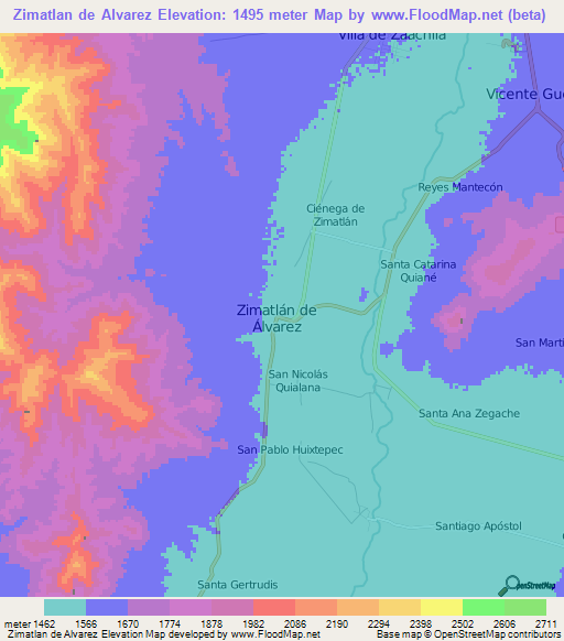 Zimatlan de Alvarez,Mexico Elevation Map