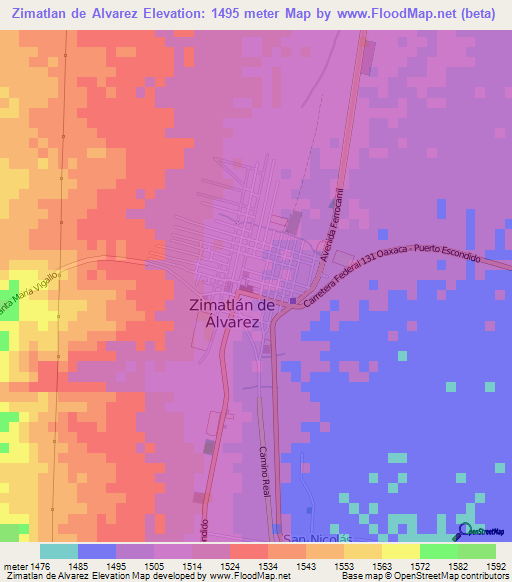 Zimatlan de Alvarez,Mexico Elevation Map