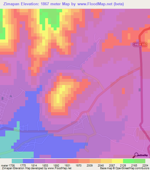 Zimapan,Mexico Elevation Map