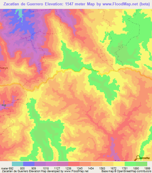 Zacatlan de Guerrero,Mexico Elevation Map