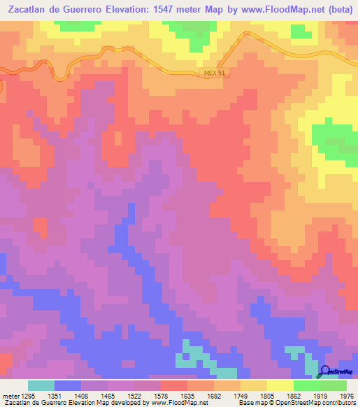 Zacatlan de Guerrero,Mexico Elevation Map